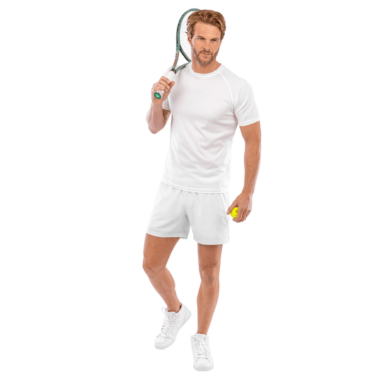 Model wearing the Spiro Recycled Men’s Shorts in White, front view
