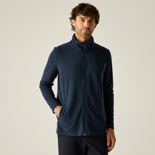 Model wearing the Regatta Pro Men’s Ultra Light Fleece Jacket in Navy, front view