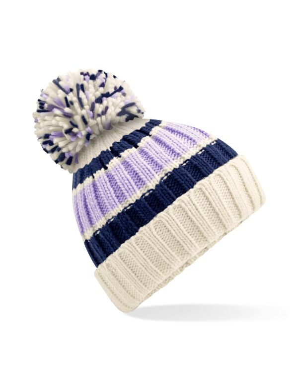 Beechfield Hygge Striped Beanie | Unisex | Heavyweight | Pom-Pom | 5 Colours | One Size - Hat - Logo Free Clothing