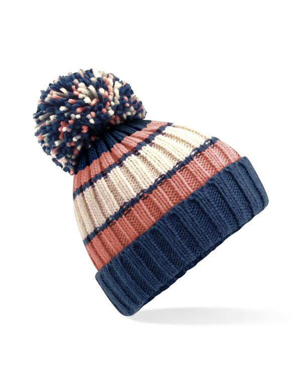 Beechfield Hygge Striped Beanie | Unisex | Heavyweight | Pom-Pom | 5 Colours | One Size - Hat - Logo Free Clothing