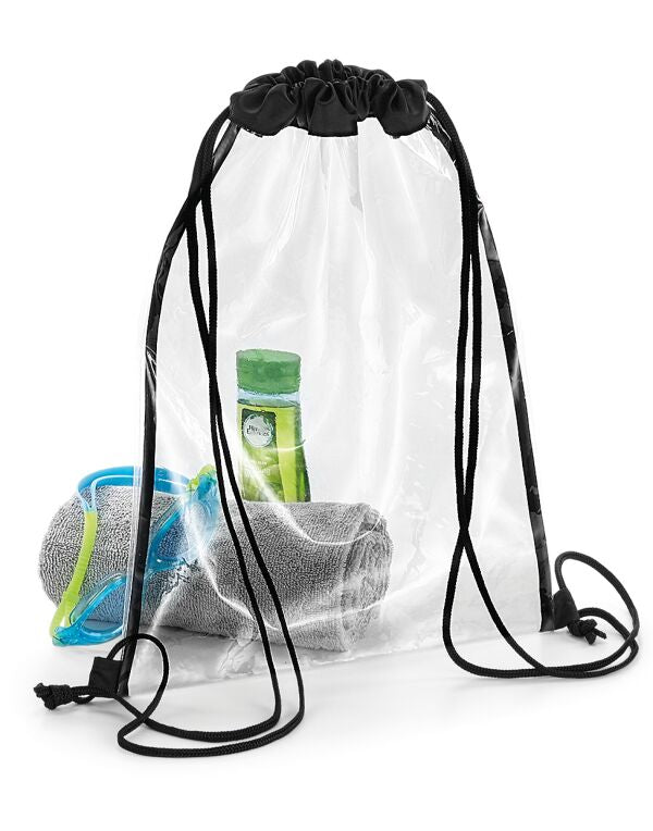 BagBase Clear Drawstring Bag | 11 Litre Capacity | Showerproof | Transparent & Black | One Size