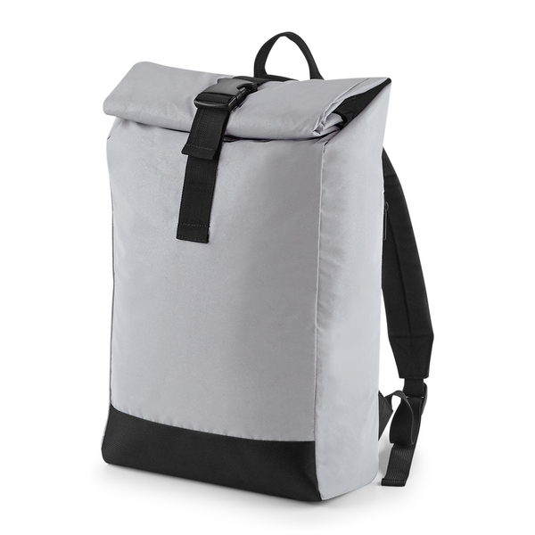 BagBase Reflective Roll Top Backpack | 15 Litre Rucksack | Black or Silver | One Size