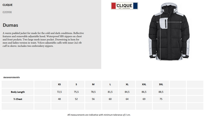 Clique Dumas Mens Padded Winter Coat | Waterproof Softshell | Black with Reflective | XS-3XL - Winter Jacket - Logo Free Clothing