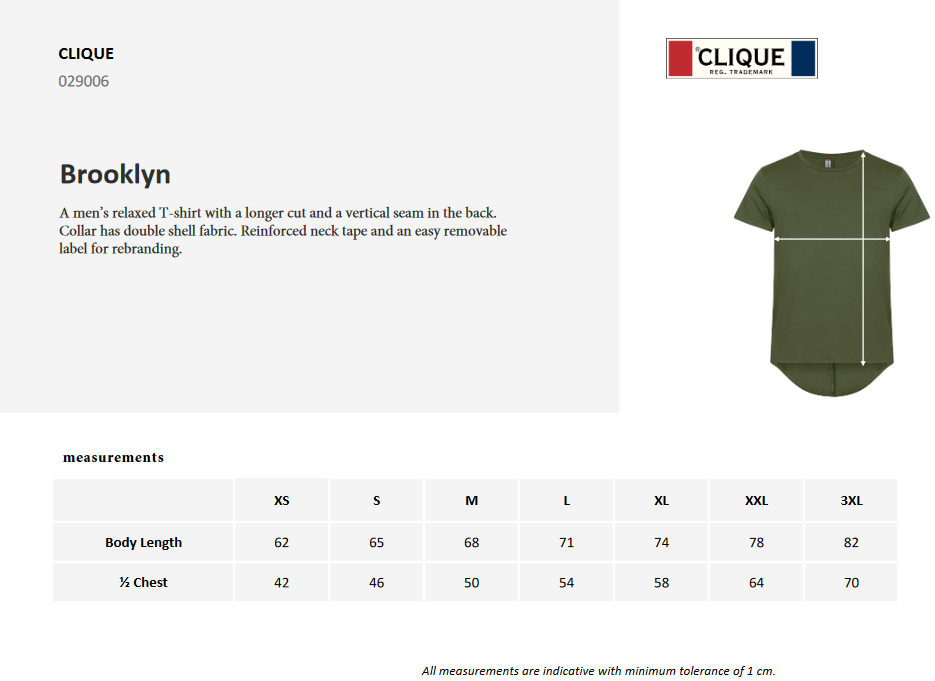 Clique Brooklyn T-Shirt | Mens Cotton Tee | Dropped Back Hem | 4 Colours | XS-3XL - Tee Shirt - Logo Free Clothing