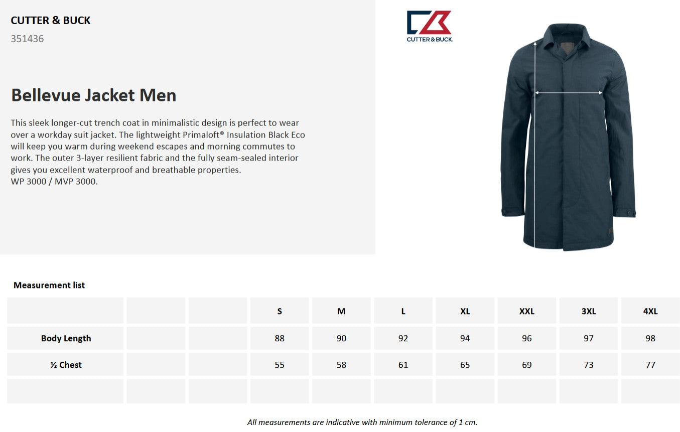 Cutter & Buck Bellevue Mens Trench Coat | Padded Waterproof Jacket | Navy or Grey | S-4XL