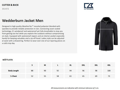 Cutter & Buck Wedderburn Longer Mens Jacket | Waterproof | Hooded | Navy or Black | S-4XL