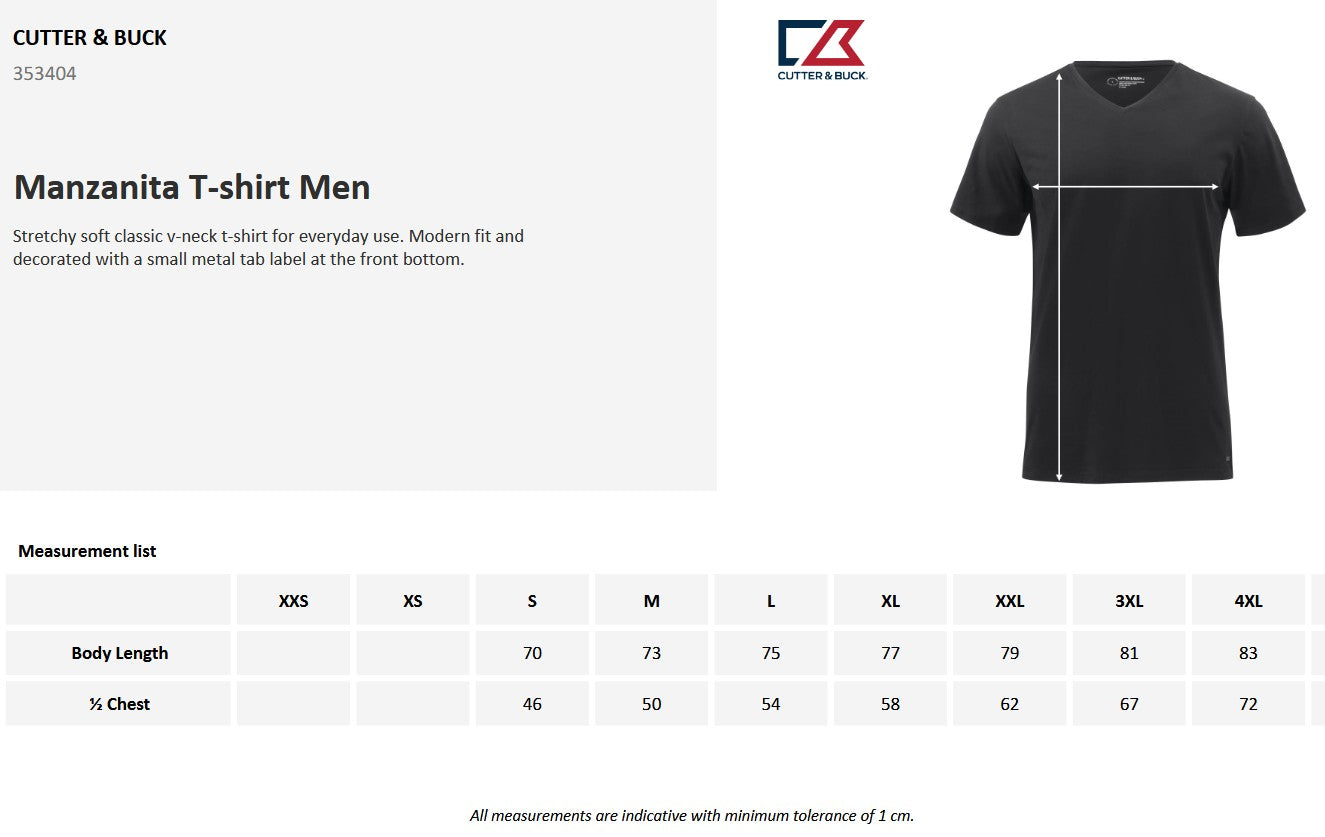 Cutter & Buck Manzanita Mens T-Shirt | V-Neck | Cotton with Stretch | 3 Colours | S-4XL