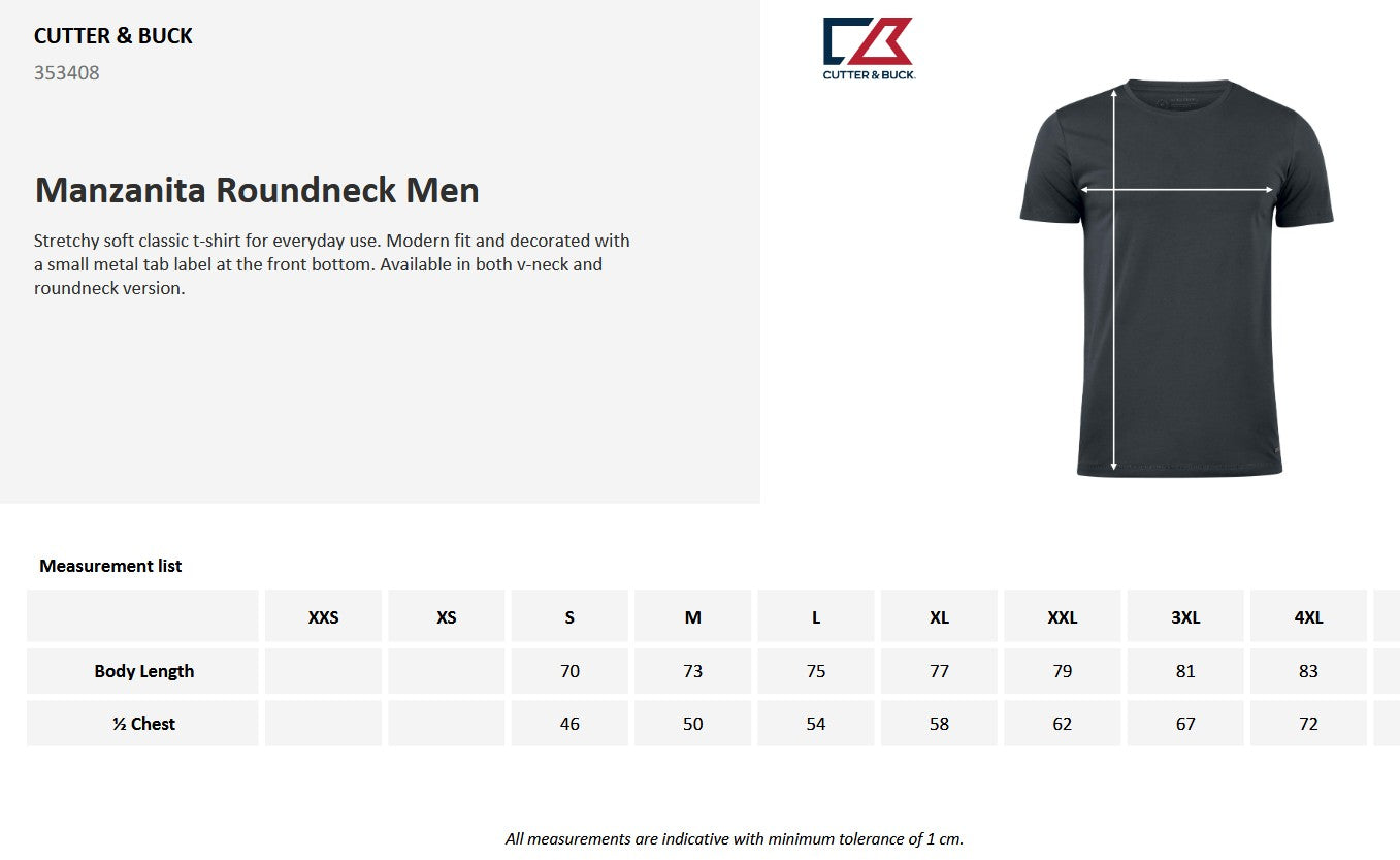 Cutter & Buck Manzanita Mens T-Shirt | Roundneck | Cotton with Stretch | 9 Colours | S-4XL