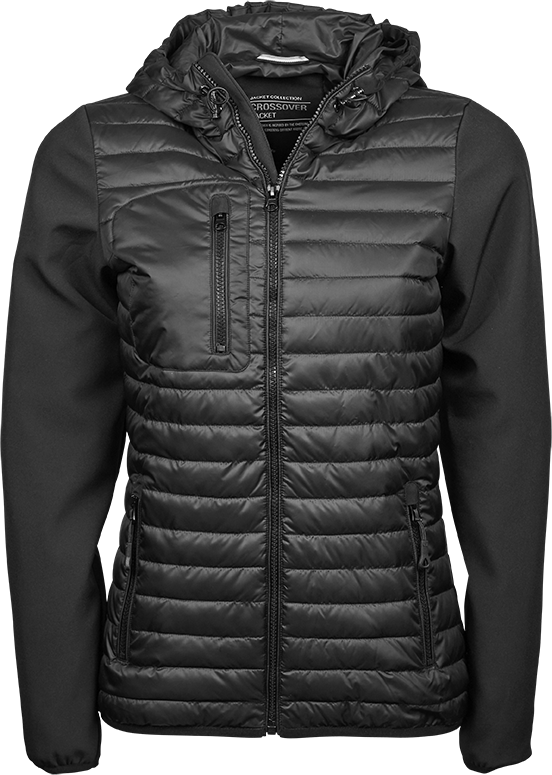 Tee Jays Ladies Hooded Crossover Jacket | Showerproof Puffer | Softshell Panels | Black | S-3XL - Summer Jacket - Logo Free Clothing