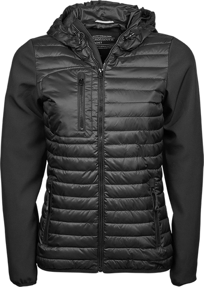 Tee Jays Ladies Hooded Crossover Jacket | Showerproof Puffer | Softshell Panels | Black | S-3XL - Summer Jacket - Logo Free Clothing