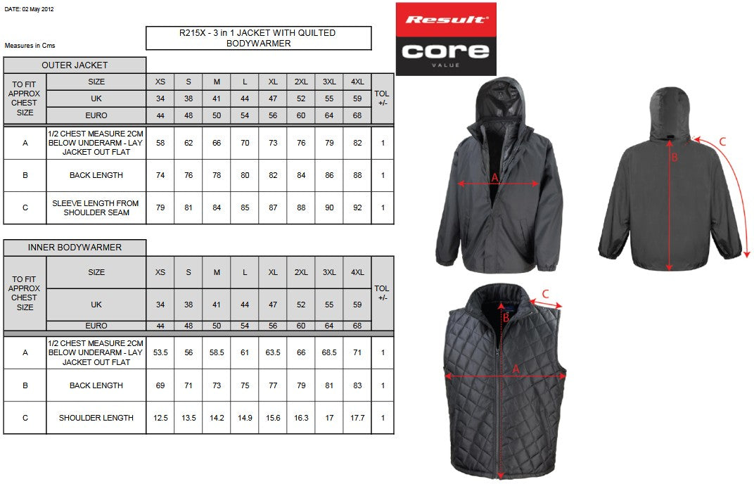 Result Core 3-In-1 Jacket with Bodywarmer | Unisex | Waterproof | Hood | Navy or Black | XS-4XL