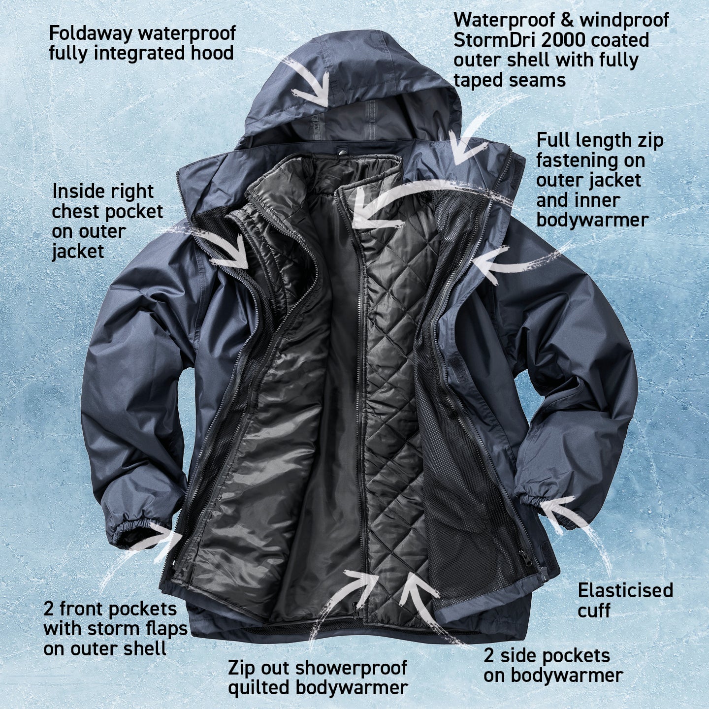 Result Core 3-In-1 Jacket with Bodywarmer | Unisex | Waterproof | Hood | Navy or Black | XS-4XL