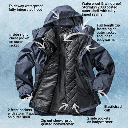 Result Core 3-In-1 Jacket with Bodywarmer | Unisex | Waterproof | Hood | Navy or Black | XS-4XL