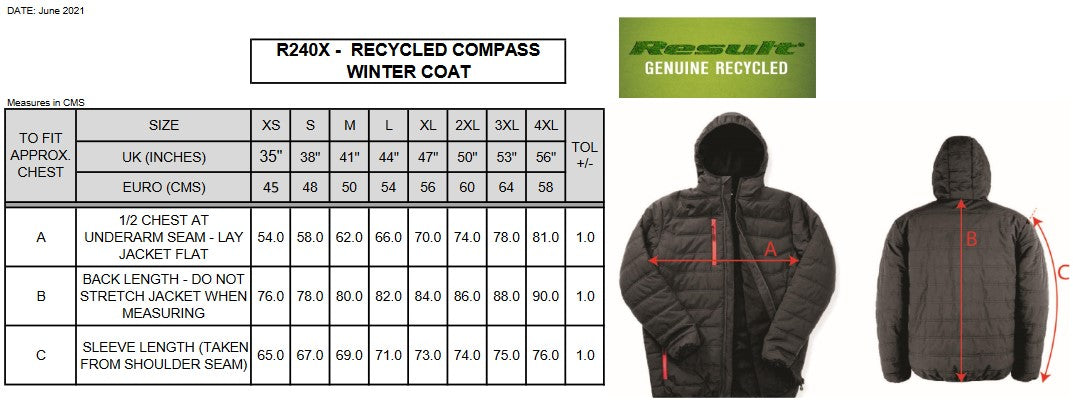 Result Compass Unisex Padded Winter Jacket | Recycled | Showerproof | 6 Colours | XS-3XL - Winter Jacket - Logo Free Clothing