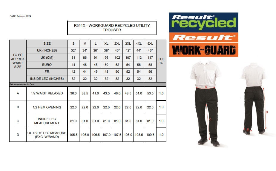 Result Recycled Utility Trousers | Unisex | Cargo Pockets | Breathable | Windproof | Black or Navy | S-5XL