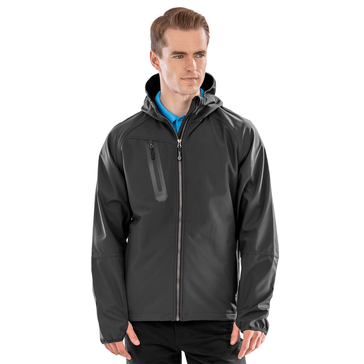Model wearing the Result Recycled 3-Layer Hooded Softshell Jacket in Black, front view