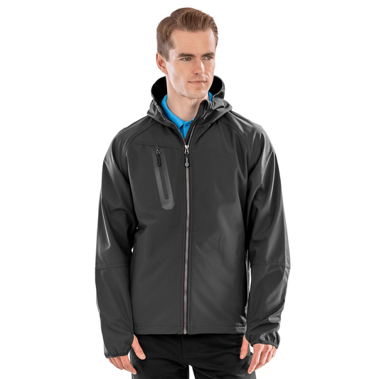 Model wearing the Result Recycled 3-Layer Hooded Softshell Jacket in Black, front view