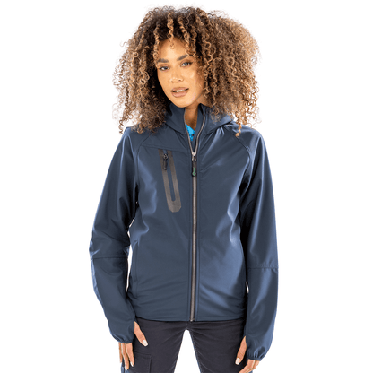 Model wearing the Result Recycled 3-Layer Hooded Softshell Jacket in Navy, front view