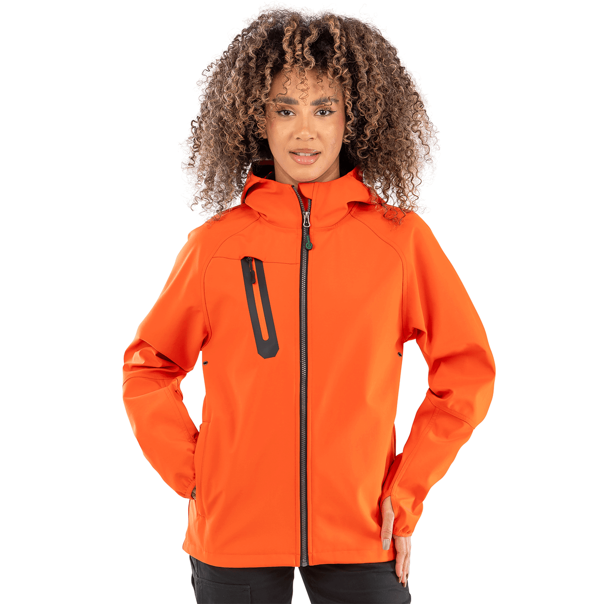 Model wearing the Result Recycled 3-Layer Hooded Softshell Jacket in Orange and Navy, front view, worn by a woman