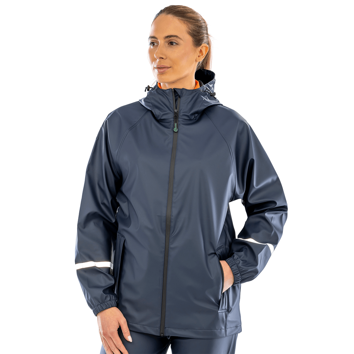 Model wearing the Result Prism Waterproof Jacket in Navy, front view, worn by a woman