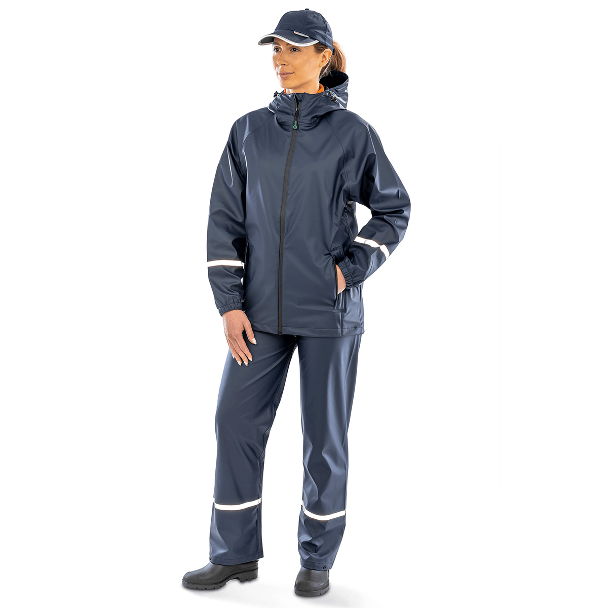 Model wearing the Result Prism Waterproof Jacket in Navy, front view, full length, with the matching trousers