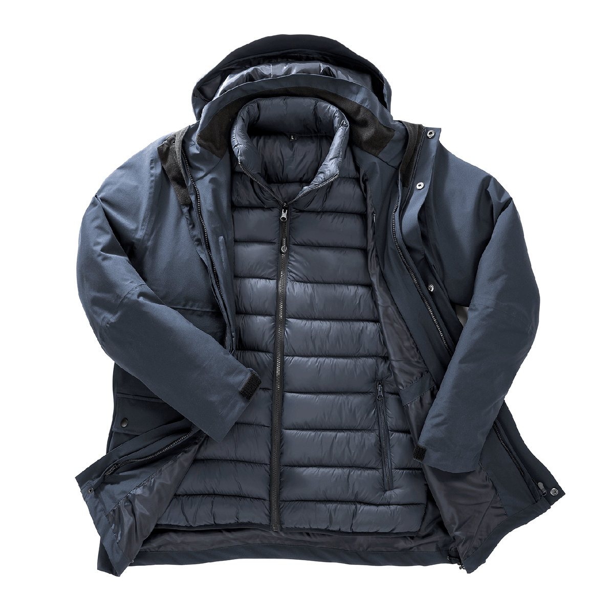 Result Recycled 3-In-1 Padded Jacket in Navy, front view, unzipped to show the inner jacket