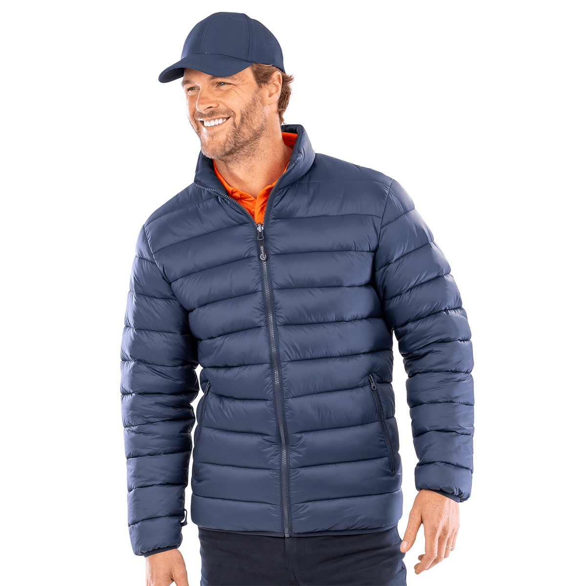 Model wearing the Result Recycled 3-In-1 Padded Jacket in Navy, front view, wearing the inner jacket on its own