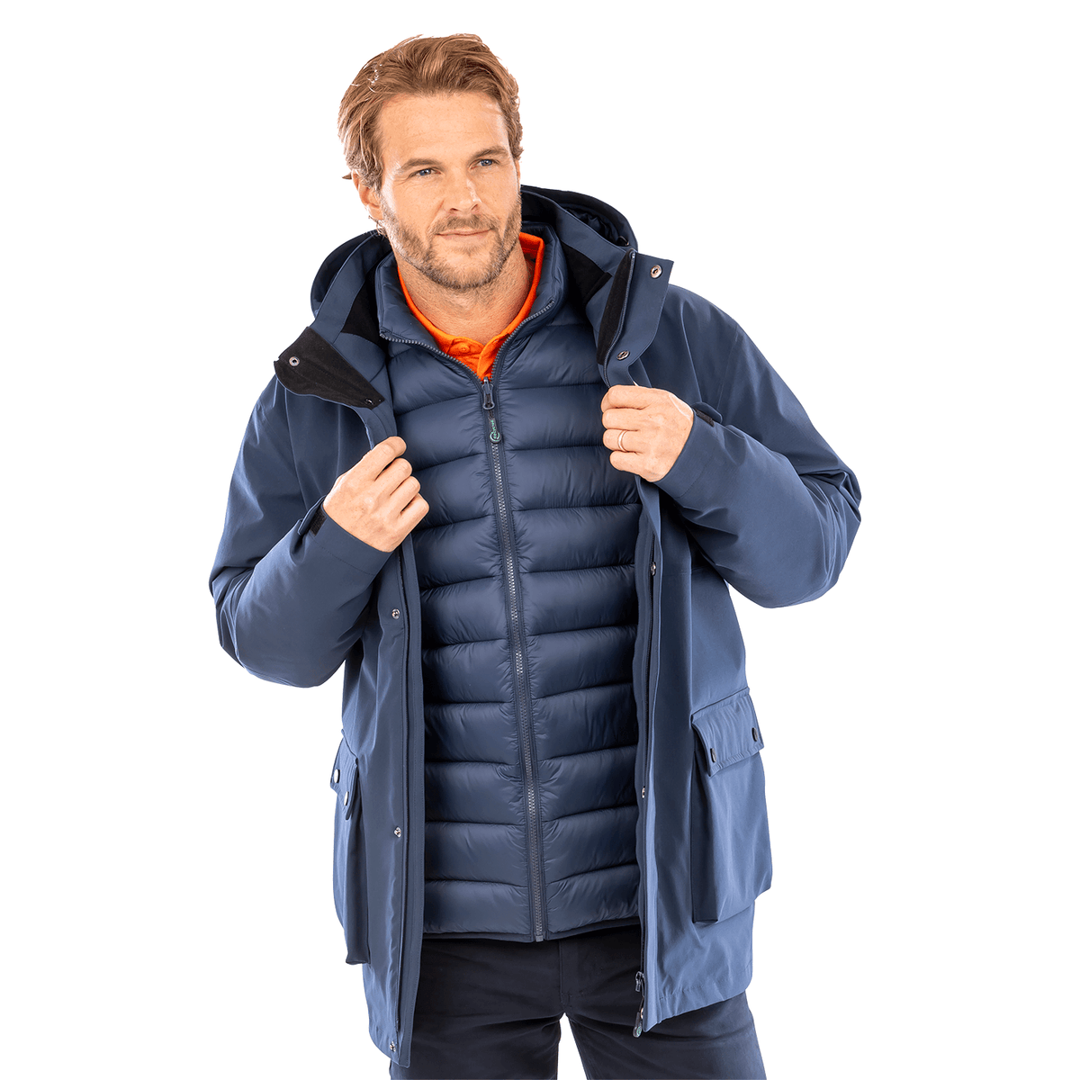 Model wearing the Result Recycled 3-In-1 Padded Jacket in Navy, front view, holding the jacket open over the inner jacket