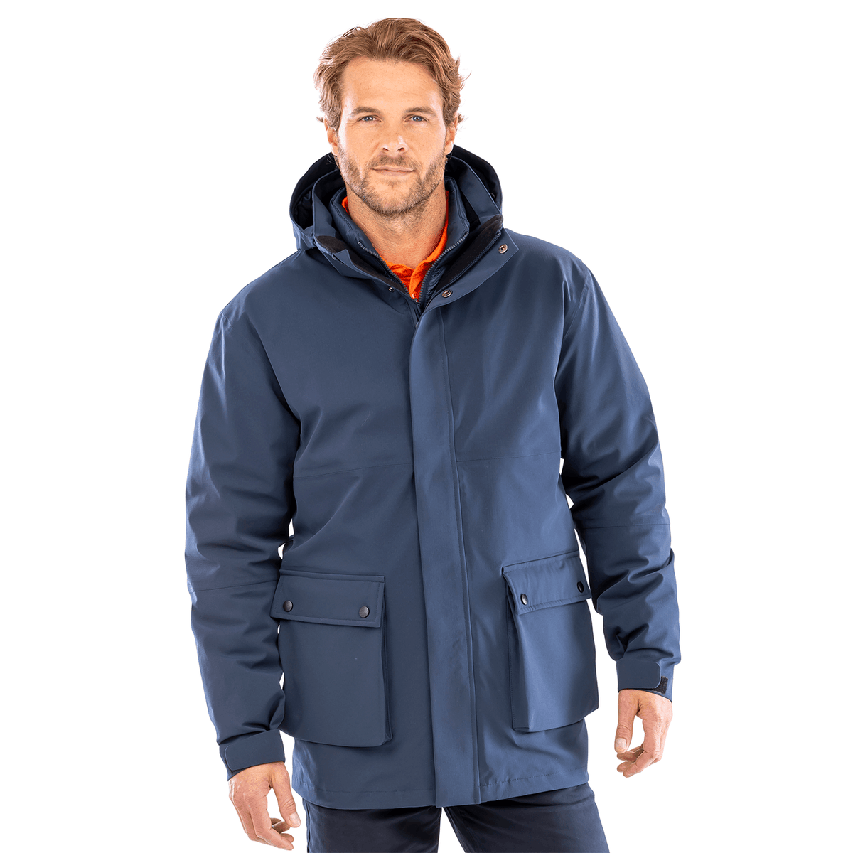 Model wearing the Result Recycled 3-In-1 Padded Jacket in Navy, front view, zipped up