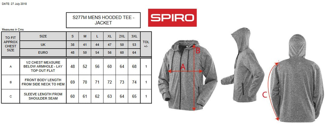 Spiro Fitness Mens Hooded Tee-Jacket | Lightweight Full Zip Hoodie | Grey Marl | S-3XL