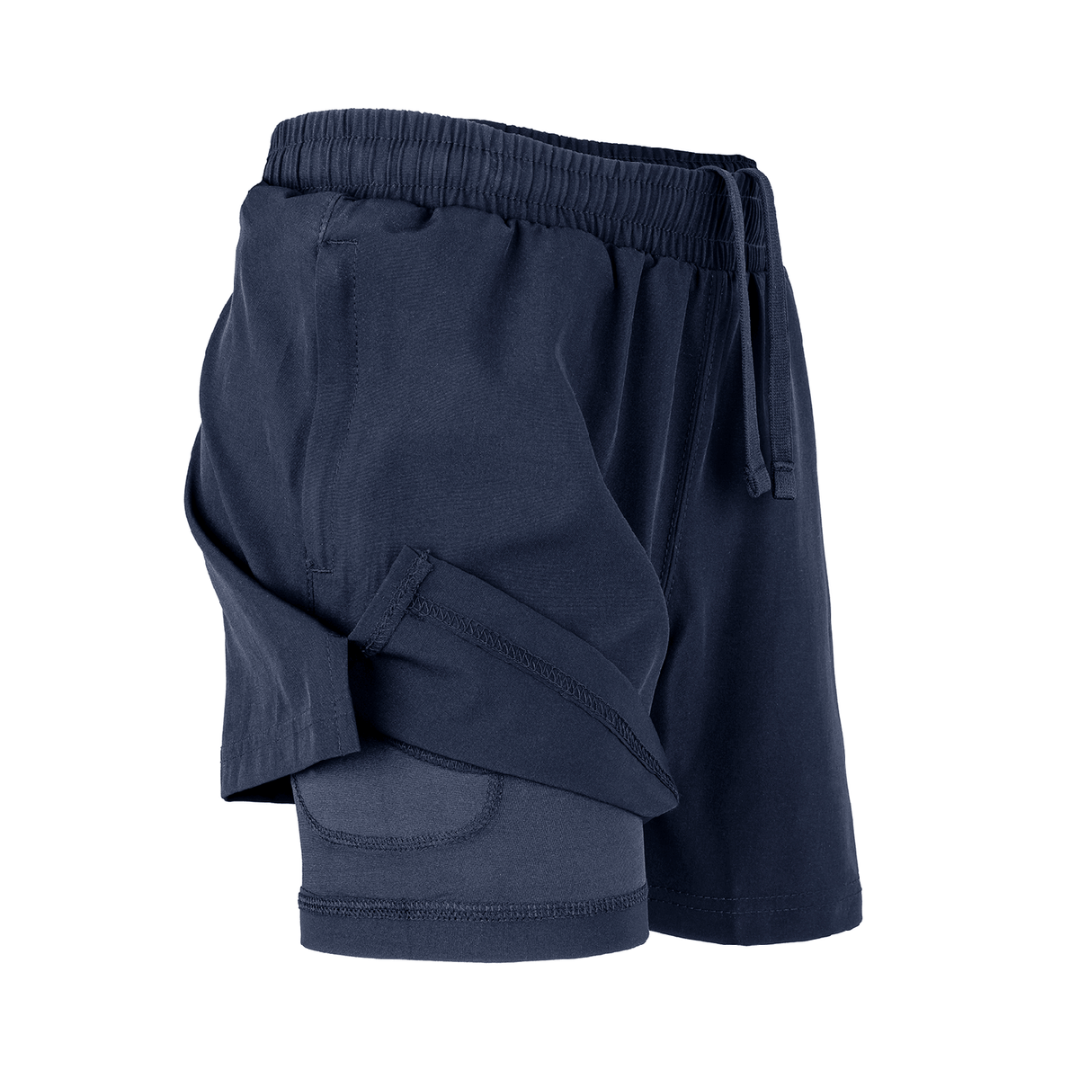 The Spiro Recycled Junior Shorts in Navy, folded back to show the inner shorts