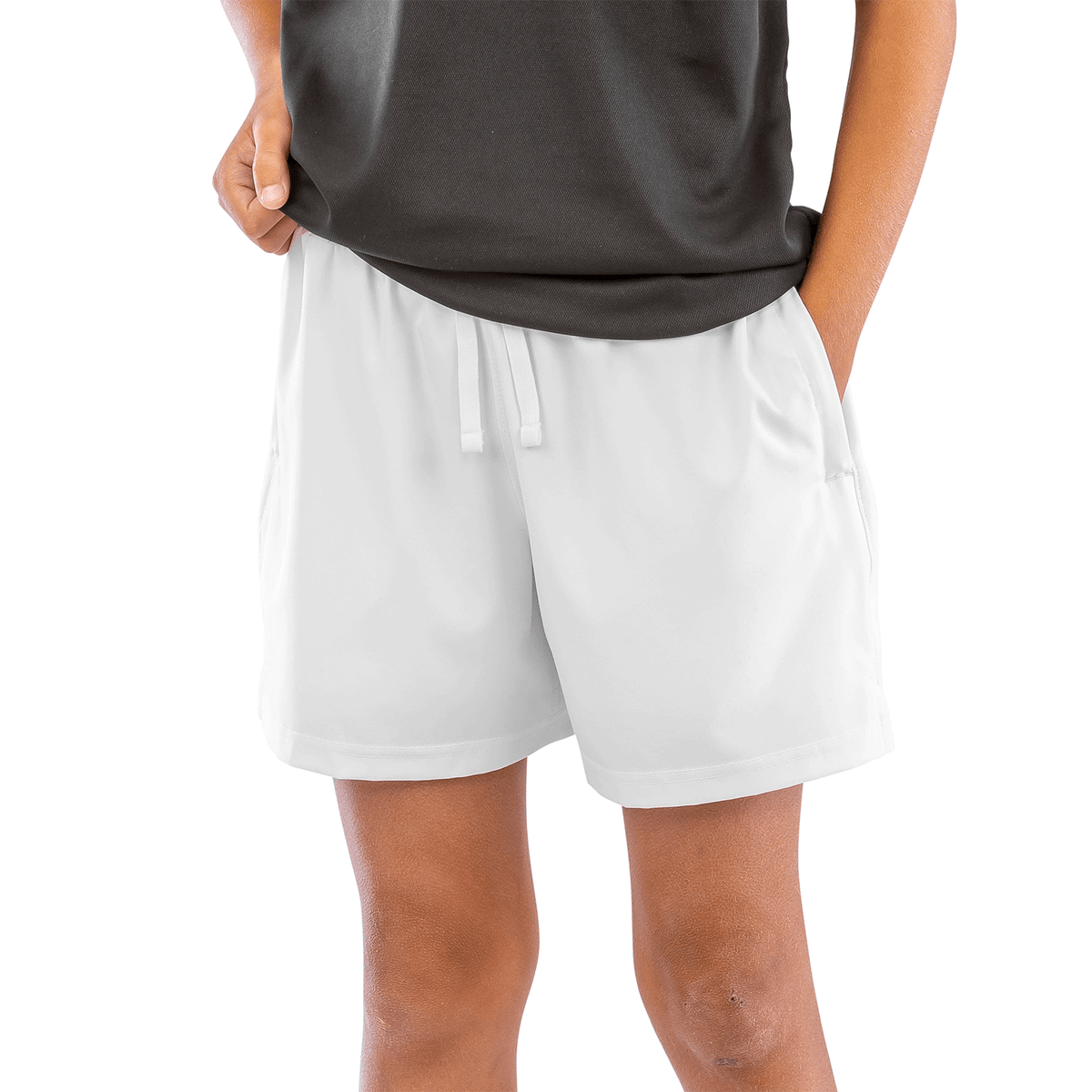 Model wearing the Spiro Recycled Junior Shorts in White, front view