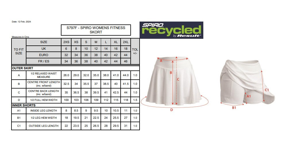 Spiro Recycled Ladies Fitness Skort | Quick Drying | Breathable | Stretch | Integral Shorts | 4 Colours | 2XS-2XL