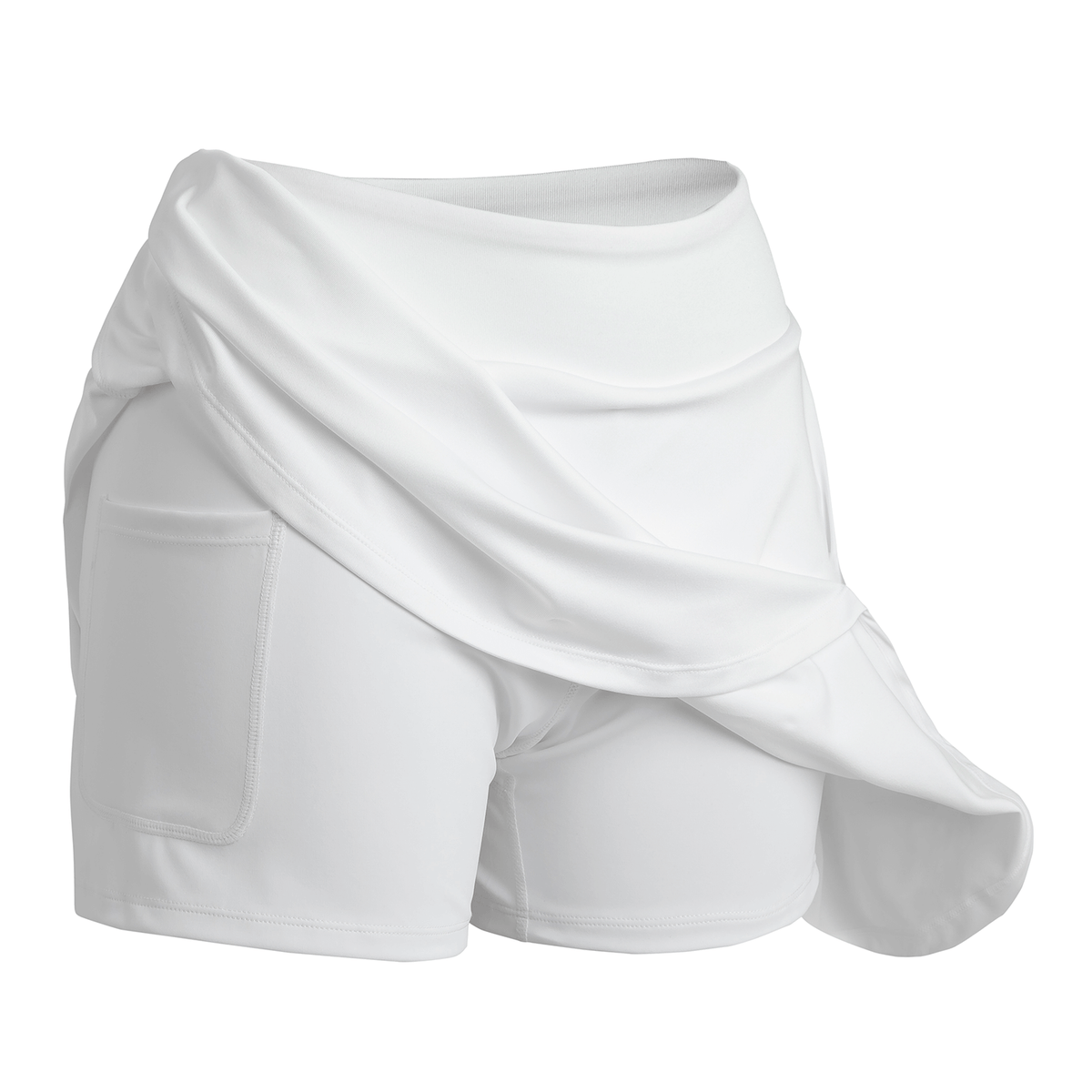The Spiro Recycled Ladies Fitness Skort in White, lifted to show the inner shorts
