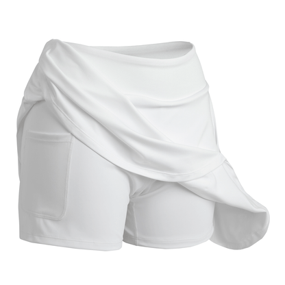 The Spiro Recycled Ladies Fitness Skort in White, lifted to show the inner shorts