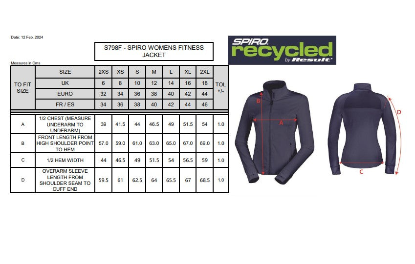 Spiro Recycled Ladies Fitness Jacket | Quick Drying | Breathable | Stretch | Thumb Cuffs | 3 Colours | 2XS-2XL