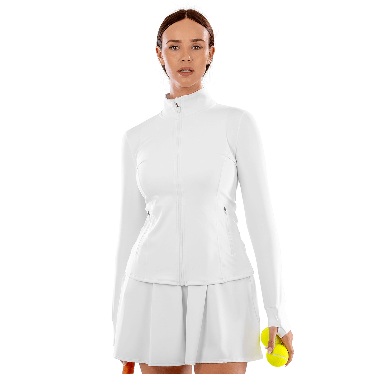 Model wearing the Spiro Recycled Ladies Fitness Jacket in White, front view, holding a ball