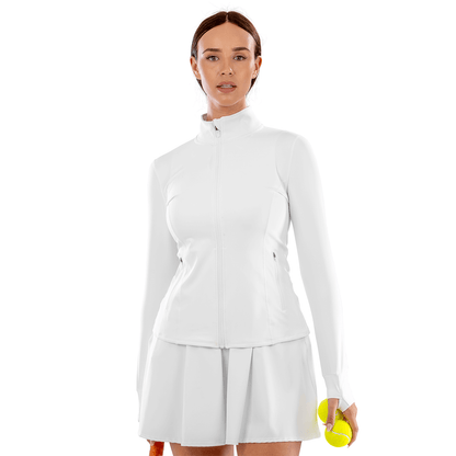 Model wearing the Spiro Recycled Ladies Fitness Jacket in White, front view, holding a ball