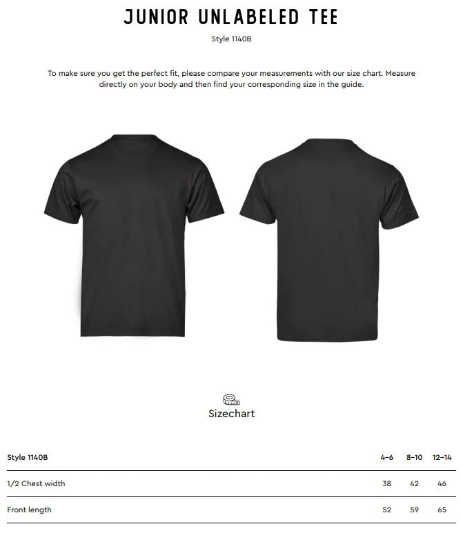 Size chart for the Tee Jays Unlabelled Junior T-Shirt