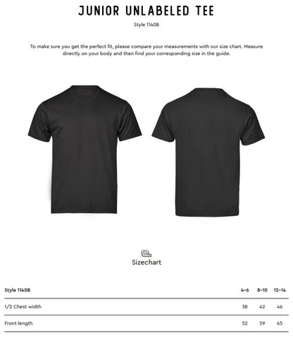 Size chart for the Tee Jays Unlabelled Junior T-Shirt