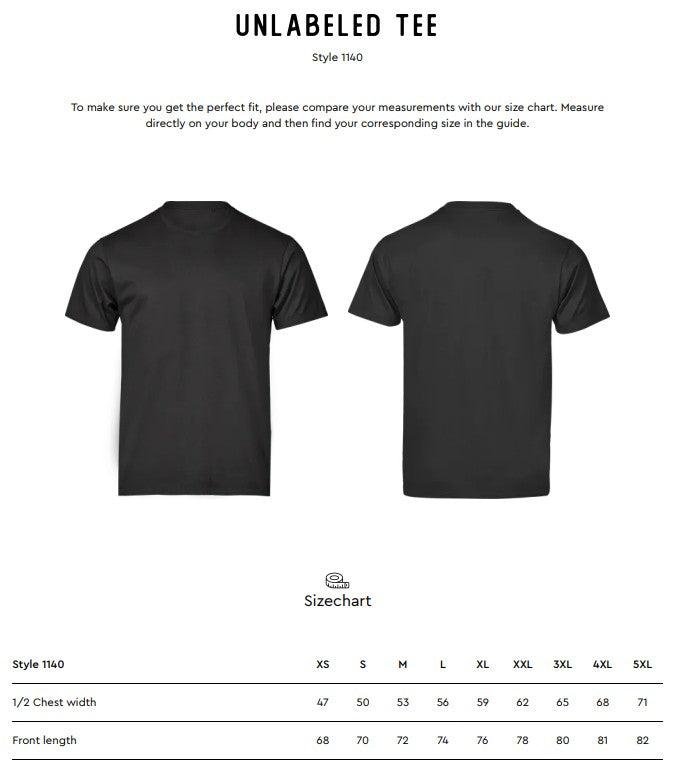 Size chart for the Tee Jays Unlabelled T-Shirt
