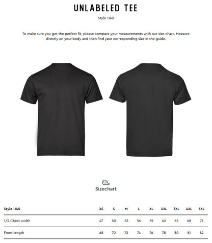 Size chart for the Tee Jays Unlabelled T-Shirt
