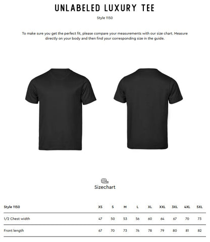 Size chart for the Tee Jays Unlabelled Luxury T-Shirt