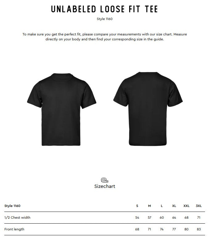 Size chart for the Tee Jays Unlabelled Loose Fit T-Shirt