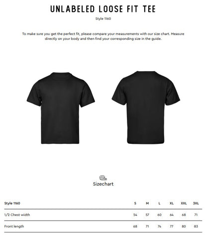 Size chart for the Tee Jays Unlabelled Loose Fit T-Shirt
