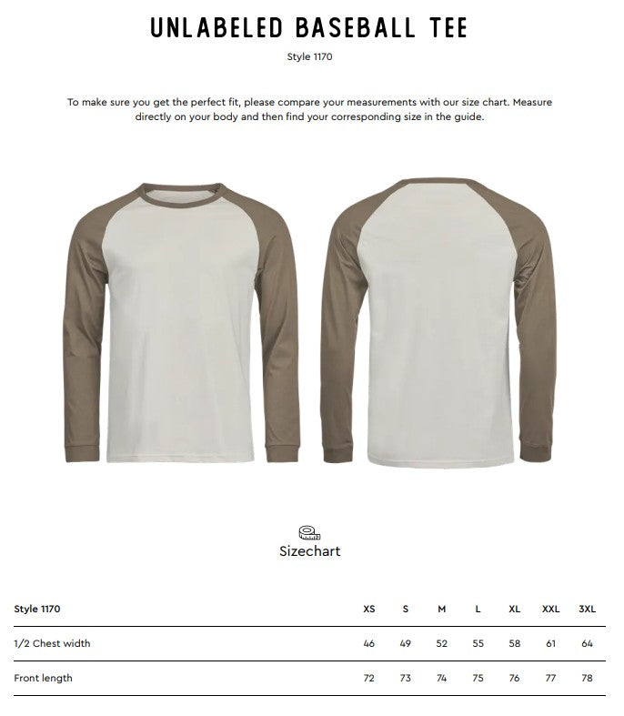 Size chart for the Tee Jays Unlabelled Long Sleeve Baseball T-Shirt