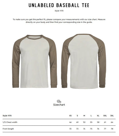 Size chart for the Tee Jays Unlabelled Long Sleeve Baseball T-Shirt