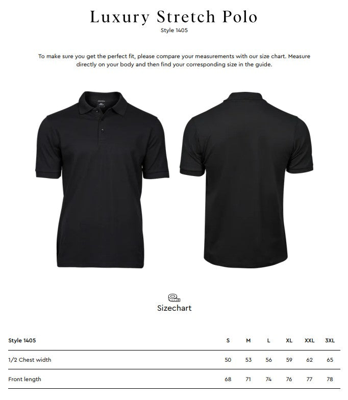 Size chart for the Tee Jays Men’s Luxury Stretch Polo Shirt