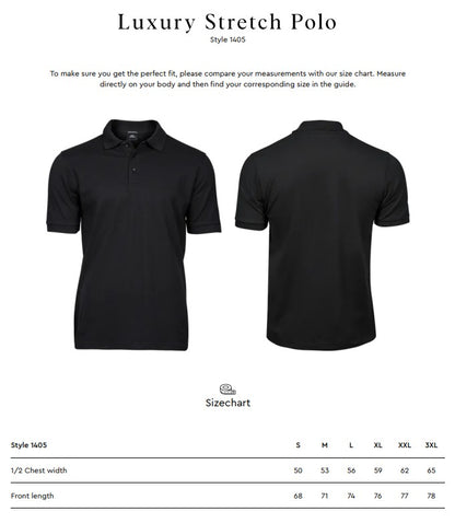 Size chart for the Tee Jays Men’s Luxury Stretch Polo Shirt
