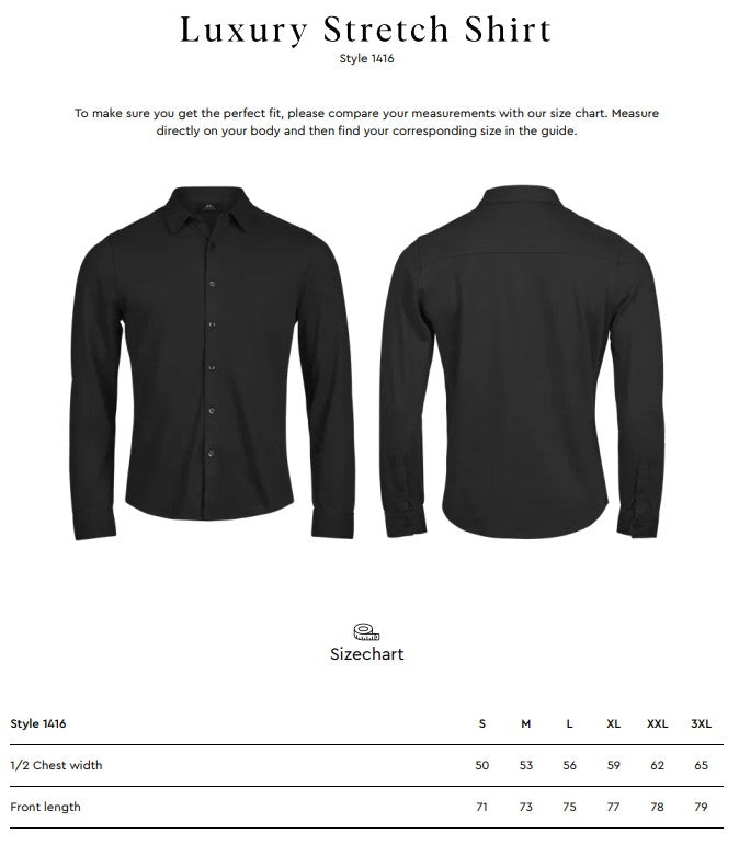 Size chart for the Tee Jays Men’s Luxury Stretch Shirt